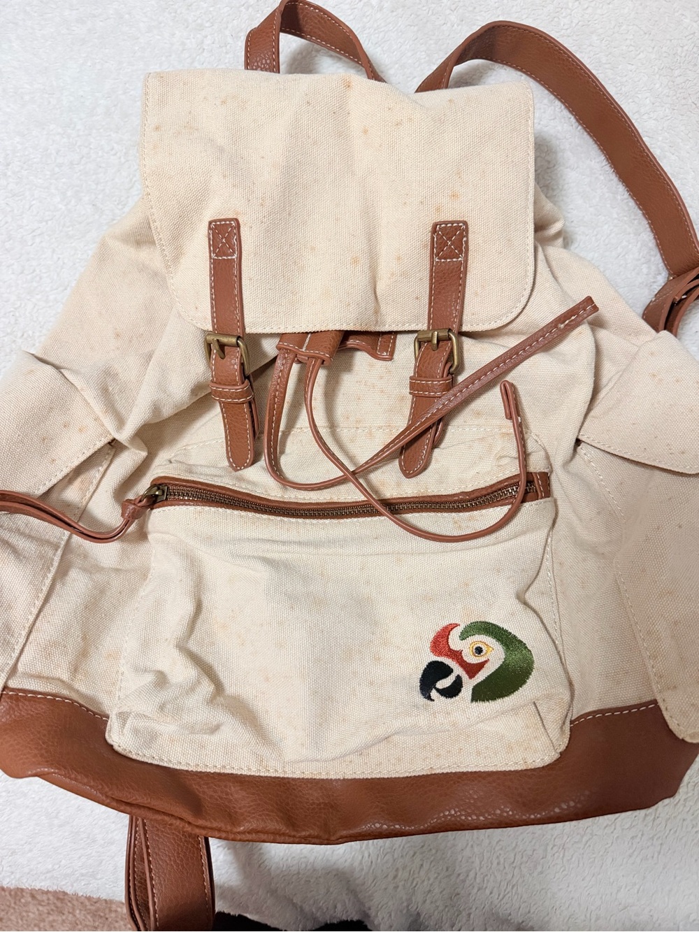 Canvas Drawstring Backpack with Brown Trim - Neutral